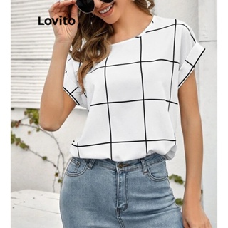 Lovito Blusa Geométrica Xadrez Casual Para Mulheres LNL34022 (Coral Laranja/Branco)