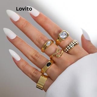 Lovito Conjunto De Anéis Casuais De Textura Lisa De Metal Xadrez De Cristal Com 6 Peças Para Mulheres LCS05080