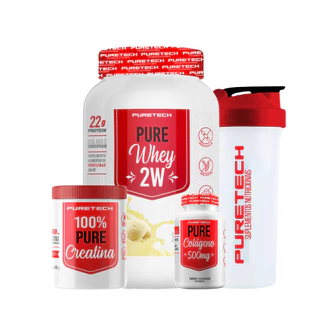 Kit Whey Pure 2W 900g + Colágeno 120Caps + Creatina 100% Pura 300g + Coqueteleira PURETECH em Oferta na Shopee