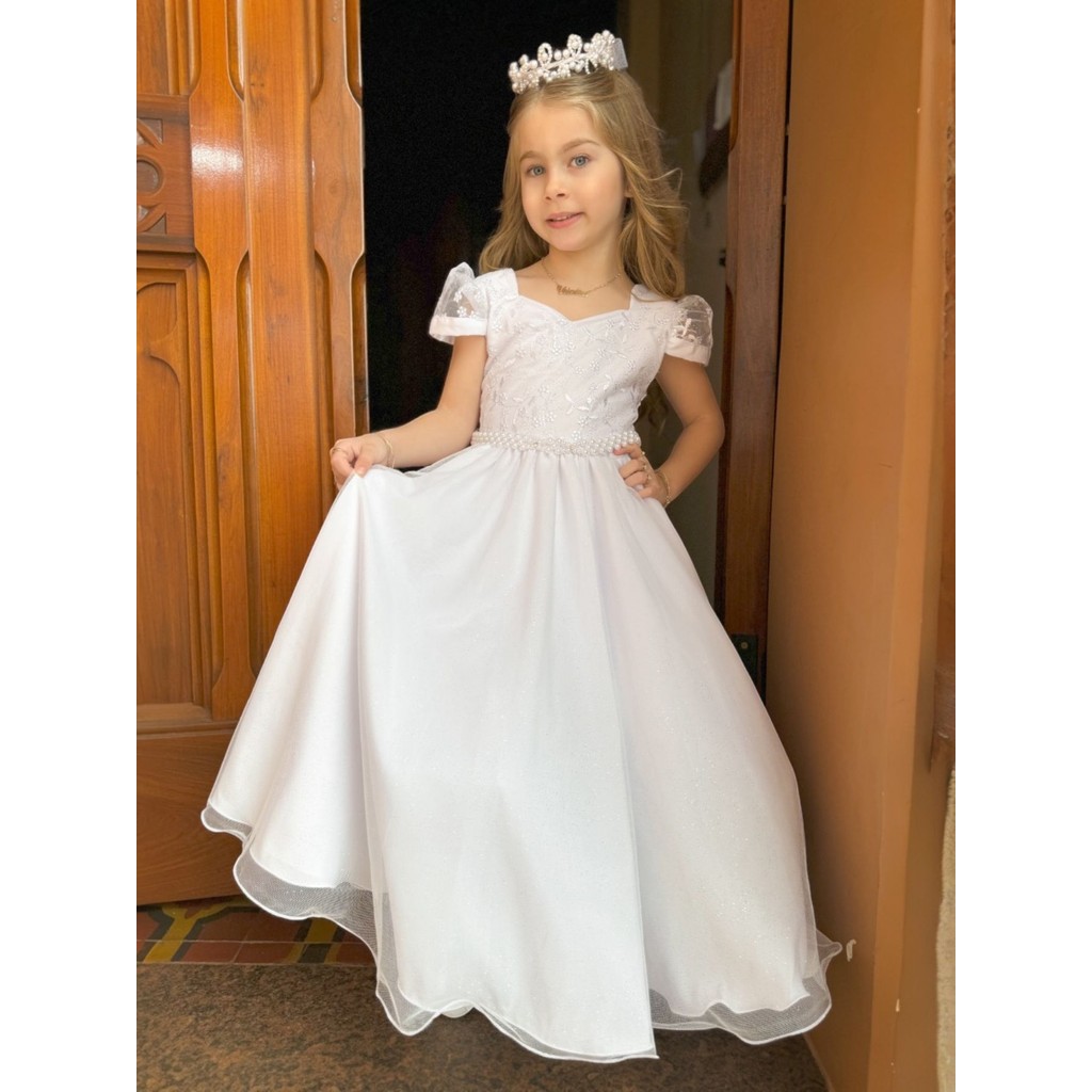 Vestido Dama de Honra Branco C/ Brilho Longo Luxo - 4 ao 16 | Shopee Brasil