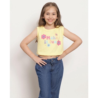 Regata Infantil Cropped Estampa Flores Com Elástico na Barra Amarela