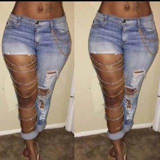 O preço especial é exagerado, jeans grande e rasgado, corrente feminina, calças de algodão elástico