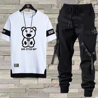Calça De Carga Masculina Estilo Hip Hop Joggers + Conjunto De Homens Com Camiseta Casual Manga Curta
