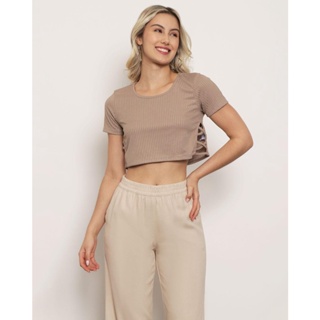 Blusa Feminina Manga Curta Cropped Canelada Bege