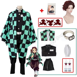 Tanjirou Kamado Cosplay Anime Demon Slayer Kimetsu No Yaiba Traje Uniforme Haori Cabeleira De Kimono Halloween Criança Adulta