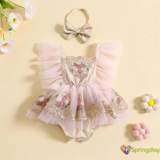 Roupa De Verão Para Bebês Meninas Bordados Com Mosca De Romper Fita De Cabelo Bowknot