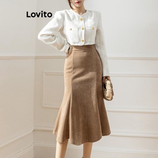 Lovito Casual Saia Feminina Lisa Versátil com Escamas LNA27388 (Cáqui)