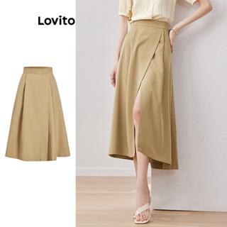 Lovito Elegante Saia Feminina Lisa com Fenda Frontal L71ED099 (Cáqui)