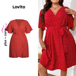 Lovito Vestido de Wrap com Estampa de Poá e Amarração para Mulheres Tamanho Grande LBL06093 (Vermelho)