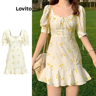 Lovito Vestido Boho Com Estampa De Frutas E Vegetais Com Bainha Com Babados Para Mulheres L74ED203