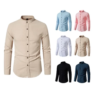 Camisa Algodão/Linho Social Masculina Cor Liso com Gola Padre de Manga Longa Botão Slim Fit Tradicional