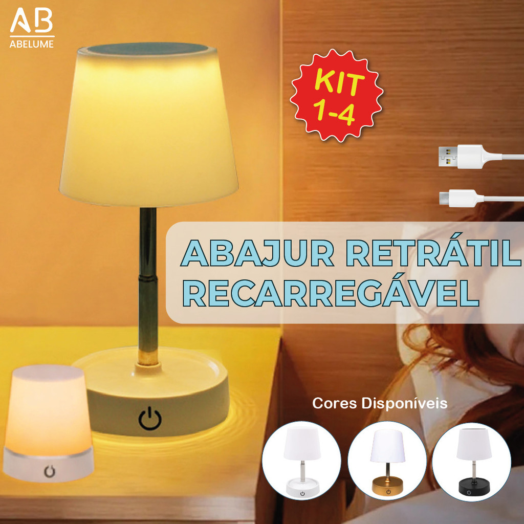 Kit 4 Abajur LED Recarregável Retrátil de Aço Luz Neutra Ajustável 3 Tons USB Sala/Escritório/Quarto