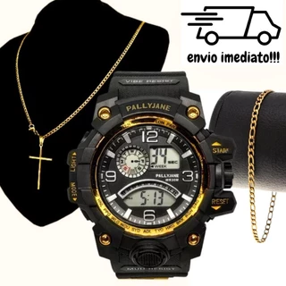 Kit Relógio Digital Esportivo Masculino + Corrente Cruz e Pulseira Aço Inoxidavel