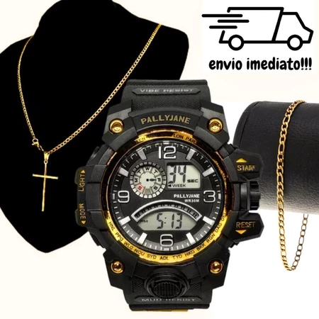 Kit Relógio Masculino Digital Esportivo + Corrente Cruz e Pulseira – Presente Masculino Luxo