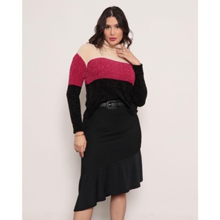 Suéter Feminino Tricô Chenille Gola Alta Bege