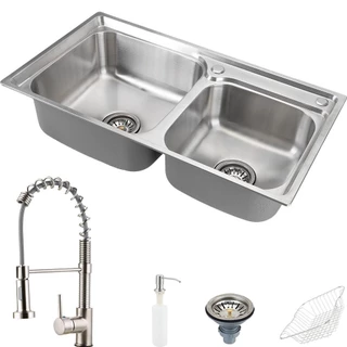 Cuba para cozinha pia dupla com acessórios Ticunas e Torneira monocomando gourmet Jari Pingoo - Escovado em Oferta na Shopee