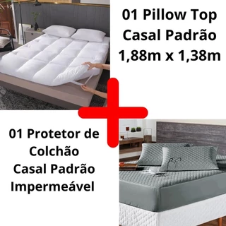 Kit Pillow Top Casal Percal Macio Cama Box + 01 Protetor de Colchão Impermeável Casal Ergonomico