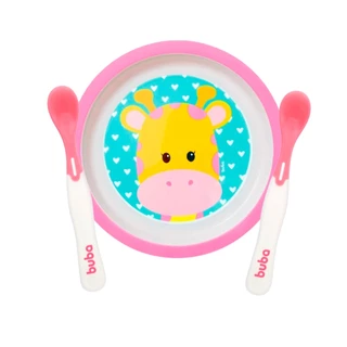 Conjunto Pratinho Bowl Rosa + Colheres Indicam Temperatura Termossensiveis Animal Fun Girafa Buba