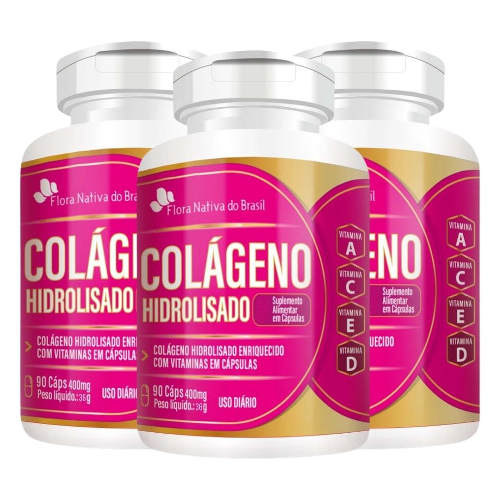 Kit de 3 Colágeno Hidrolisado + Vit A + Vit C + Vit E + Vit D 90 Caps