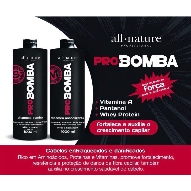 Kit Pro Bomba All Nature, Contém Vitamina A, Pantenol, Whey Protein e Mix de Aminoácidos Que Fortalece e Auxilia no Crescimento