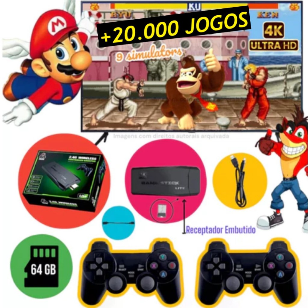 Game Stick Lite 4K + 20.000 Jogos Retrô, 9 Consoles, 2 Controles sem Fio - Vídeo Game Plug and Play