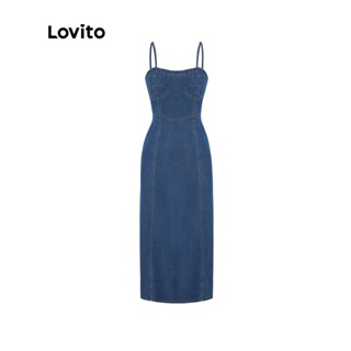 Lovito Vestido Jeans Feminino Casual Com Alças Finas E Linha A L47ED150 (Azul)