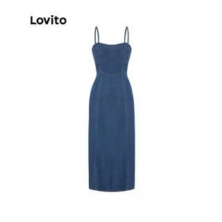 Lovito Vestido Jeans Feminino Casual Com Alças Finas E Linha A L47ED150 (Azul)