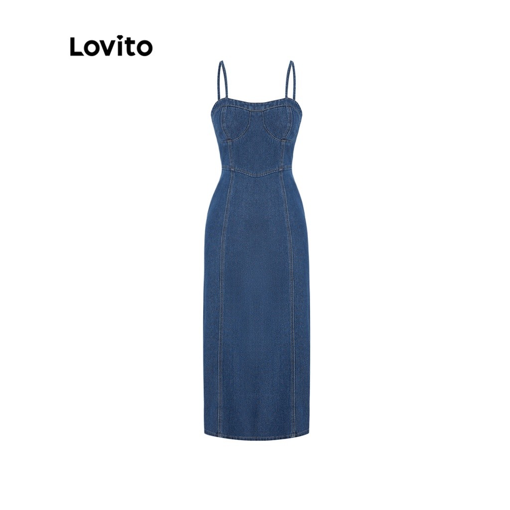 Lovito Vestido Jeans Feminino Casual Com Alças Finas E Linha A L47ED150 (Azul)