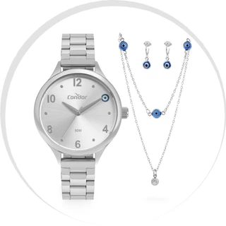 Relógio Feminino Prata Condor Kit Colar Brincos Olho Grego