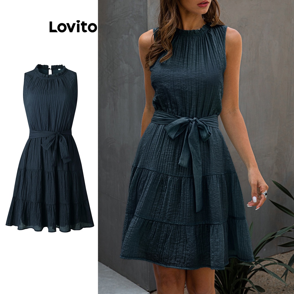 Lovito Vestido Elegante Liso Plissado Com Renda Para Mulheres LNL36030 (Azul Real)