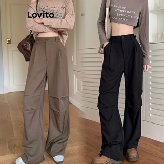 Lovito Calça Casual Plissada Lisa Para Mulheres LNE42199