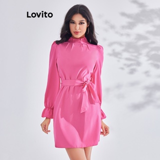 Lovito Vestido Elegante com Gola Babado e Mangas Bufantes para Mulheres LBE03090 (Rosa Choque)