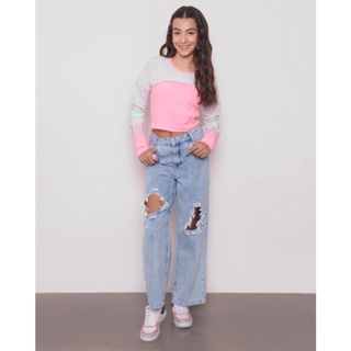Calça Jeans Juvenil Wide Leg Destroyed Azul
