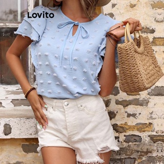 Lovito Casual Blusa Feminina Lisa de Jacquard com Babados e Laço Frontal LNE27324 (Azul)