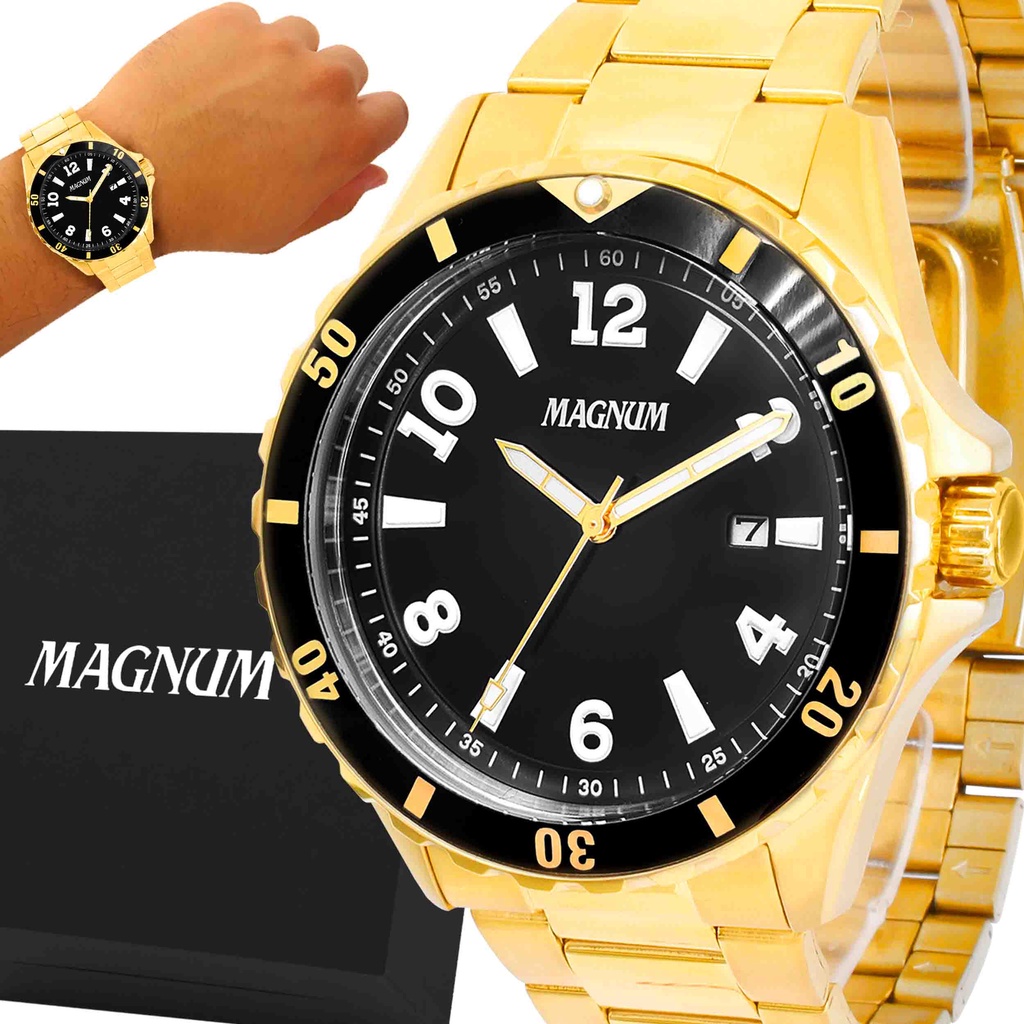 Relógio Masculino Dourado Pulseira De Couro Magnum Ma31542b
