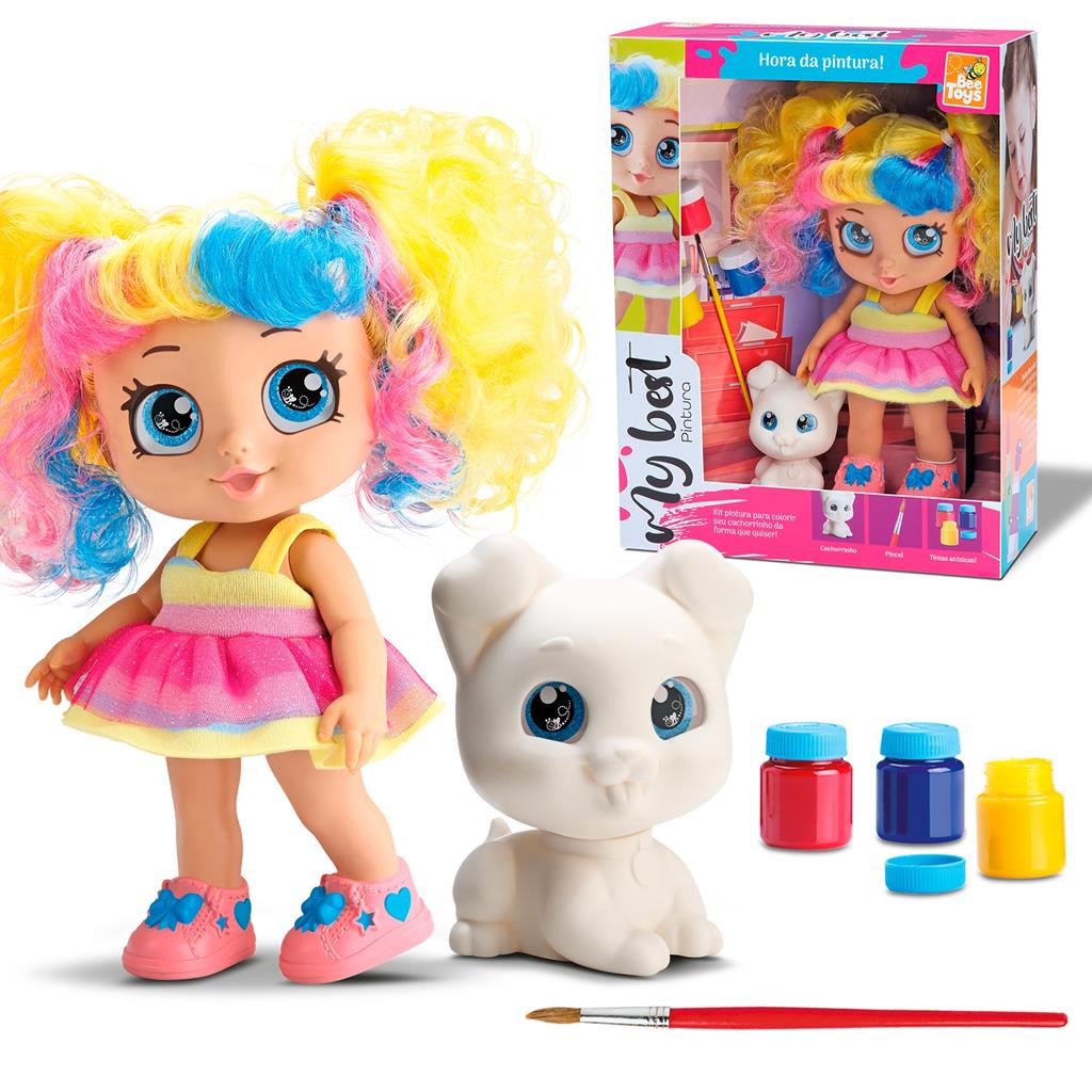 Boneca Menina Cabelo Cacheado Colorido Com Cachorrinho Para Pintar 3 Tintas  E Pincel Brinquedo Infantil Pedagogico Educativo Estimula Criatividade E ...