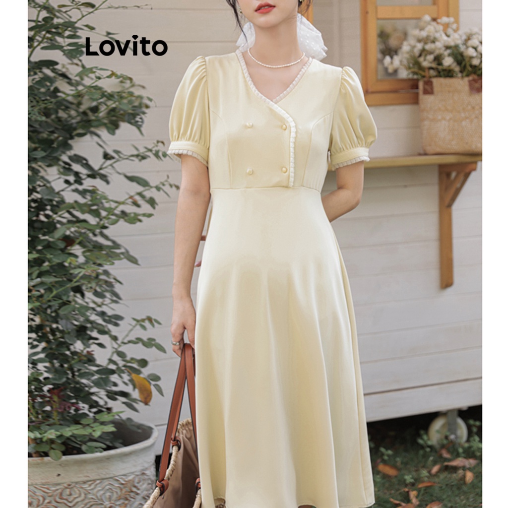 Lovito Vestido Casual Com Costura Em Tecido Liso Com Botões Para Mulheres LNE31239 (Amarelo)