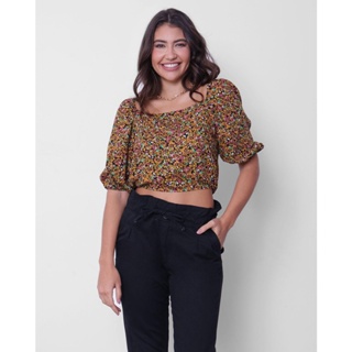 Blusa Cropped Feminina Ciganinha Floral Preta