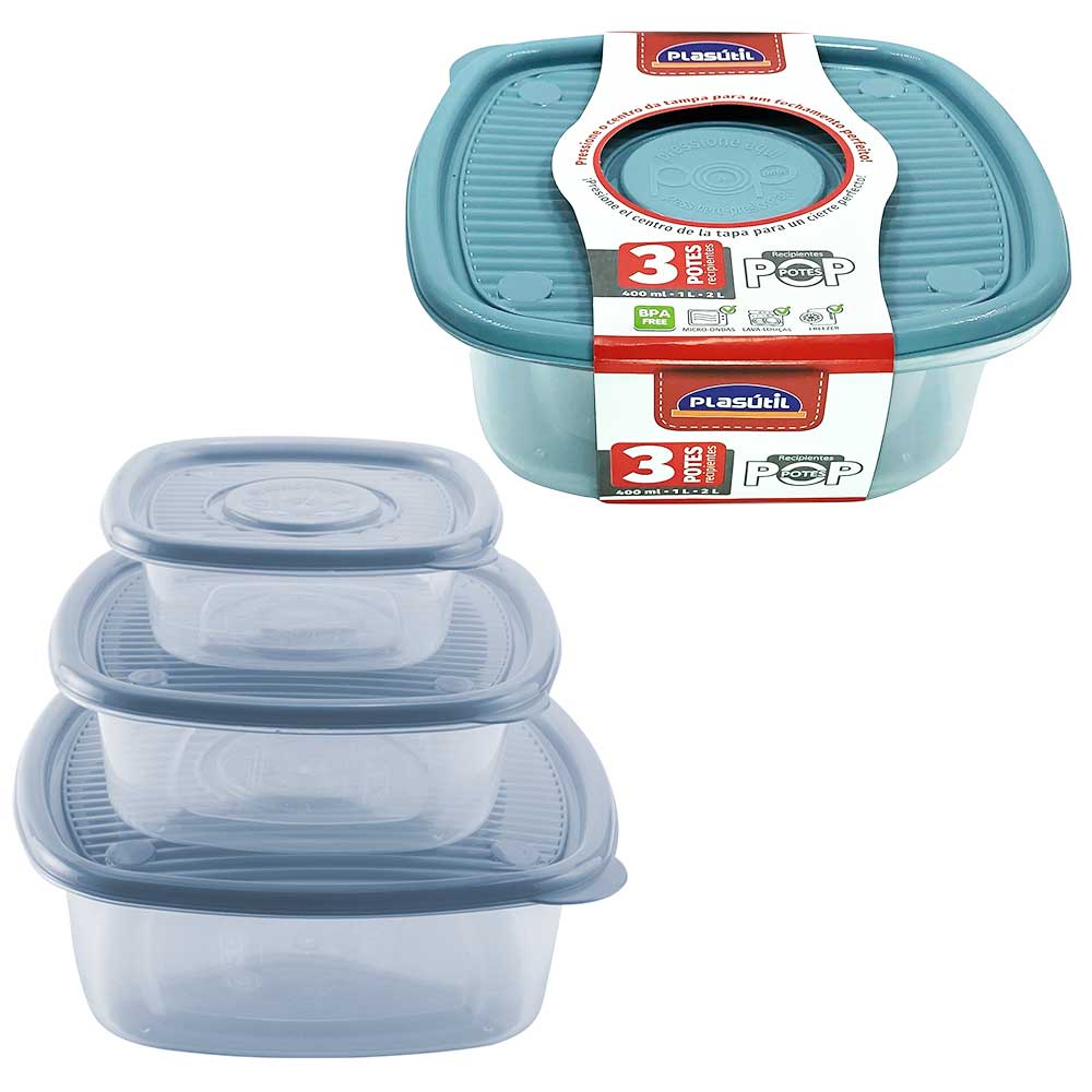 Jogo com 3 potes azul plastico para mantimentos alimentos frutas ...