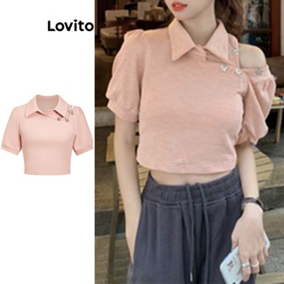 Lovito Camisetas Femininas Fofas Com Botão Borboleta Simples E Manga Bufante Com Design De Duas Peças L73AD014