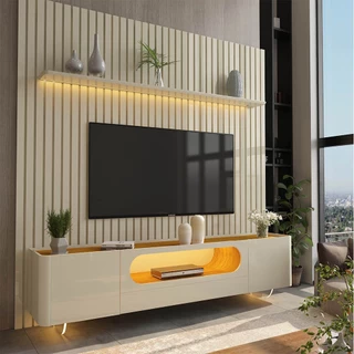 Painel e Rack Nobre Ripado com LED Pés de Vidro 230 Off White - Gelius