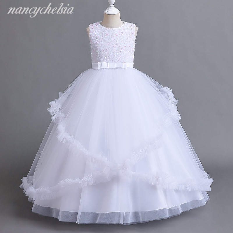 Vestido Longo Para Crianças Adolescentes Branco Formal Festa De Baptizado Princesa