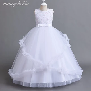 Vestido Longo Para Crianças Adolescentes Branco Formal Festa De Baptizado Princesa