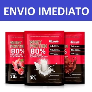 5x 80% WHEY PROTEIN CONCENTRADO Sachês de 30g - Growth Suplementos Beijinho Caramelo Chocolate com Amendoim Milk Shake Morango Branco Cookies & Cream Leite em Pó Morango Natural Sorvete de Creme Baunilha Brigadeiro Doce Cappuccino Torta Mousse Maracujá
