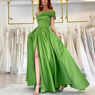Projetado Ombro Inclinado Vestidos De Noite De Cetim Sexy High Split Aniversário Maxi Long Dresses