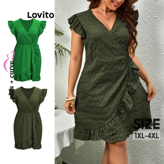 Lovito Plus Size Boho Vestido Feminino Liso Cruzado com Babados LBE05148 (Verde-oliva)