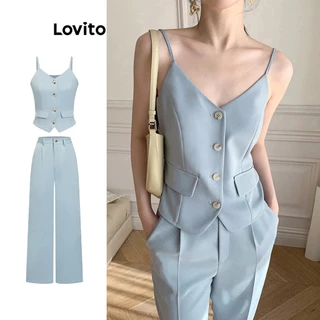 Lovito Conjunto de Calça Casual com Bolsos e Botões na Frente para Mulheres L77ED102