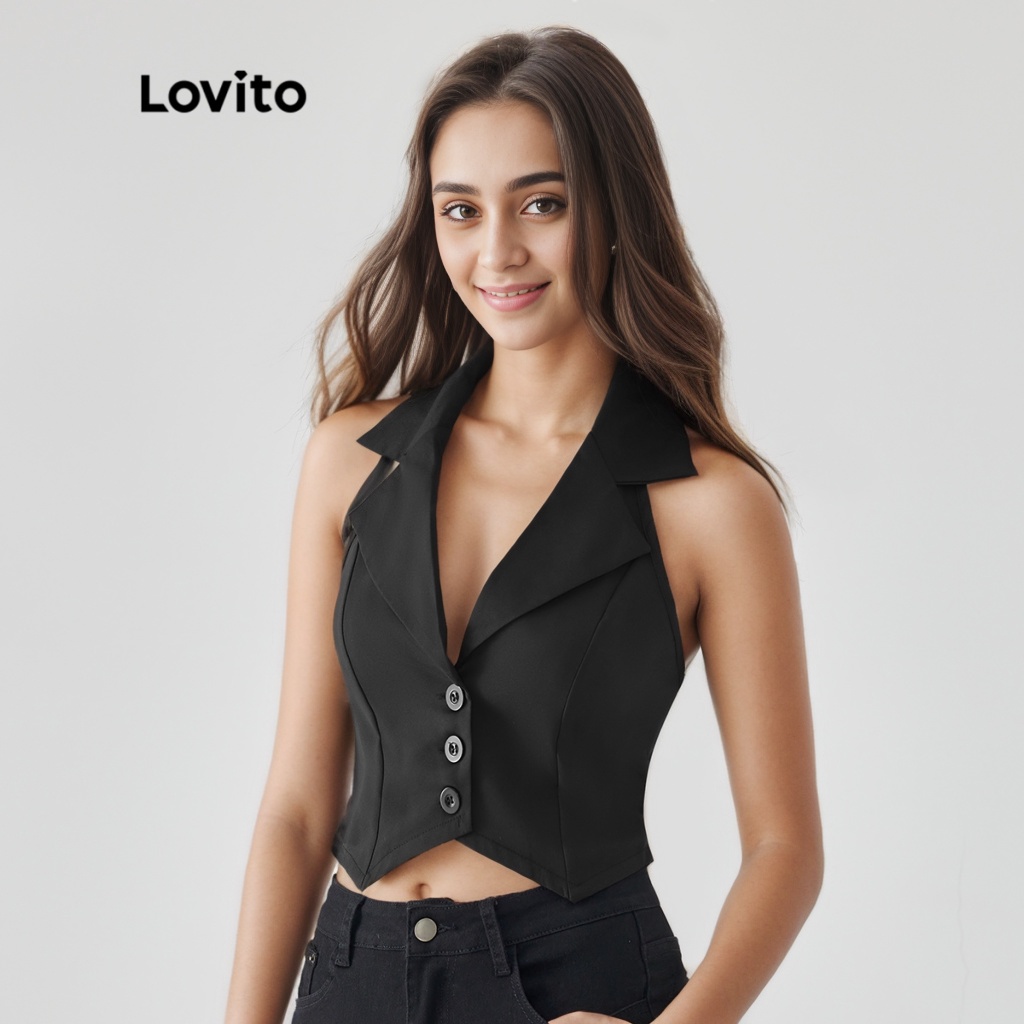 Lovito Casual Blusa Feminina Lisa Sem Mangas com Botão Frontal e Gola Franzida L49AD024 (Preta)