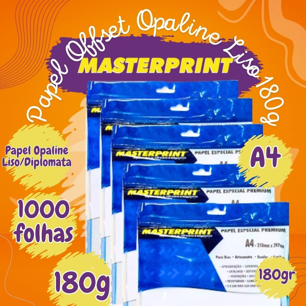 Papel Offset 1000 Folhas 180g Opaline Liso A4 Branco Diplomata Masterprint