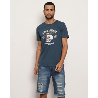 Camiseta Masculina Manga Curta Estampa Caveira Azul